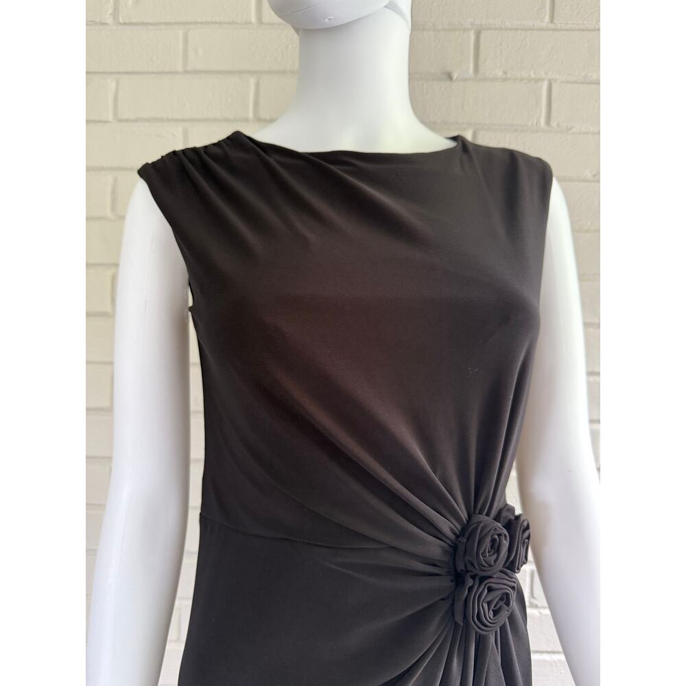 Frank Lyman Black Boat Neck Dress 8 Draped Ruched Rosette 90s Minimalist Midi - Picture 4 of 11